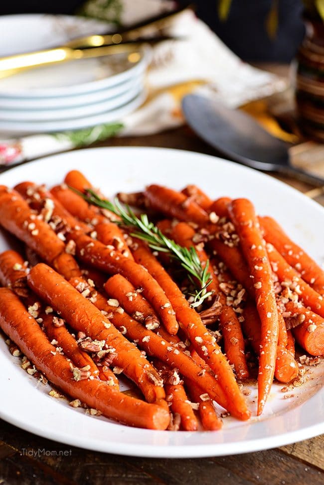 Pecan Pie Glazed Carrots on white platter