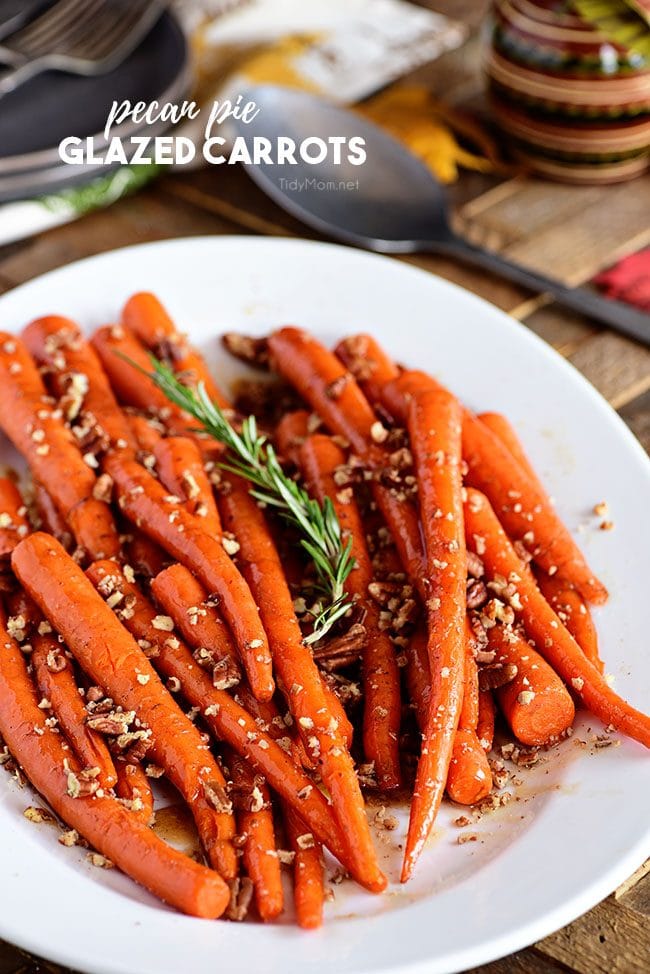 white platter with Pecan Pie Glazed Carrots 