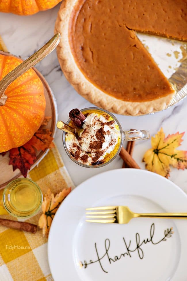 Pumpkin Spice Hot Buttered Rum with thankful plate and pumpkin