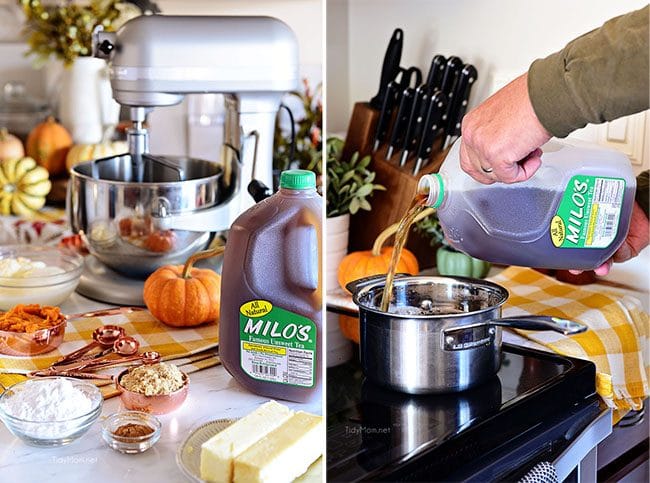 Pumpkin Spice Hot Buttered Rum ingredients on counter with Milos tea