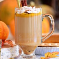 Pumpkin Spice Hot Buttered Rum in clear glass mug