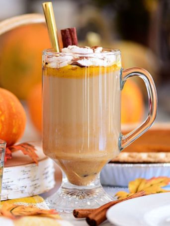 Pumpkin Spice Hot Buttered Rum in clear glass mug