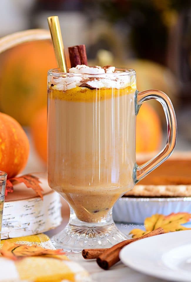 Pumpkin Spice Hot Buttered Rum in clear glass mug