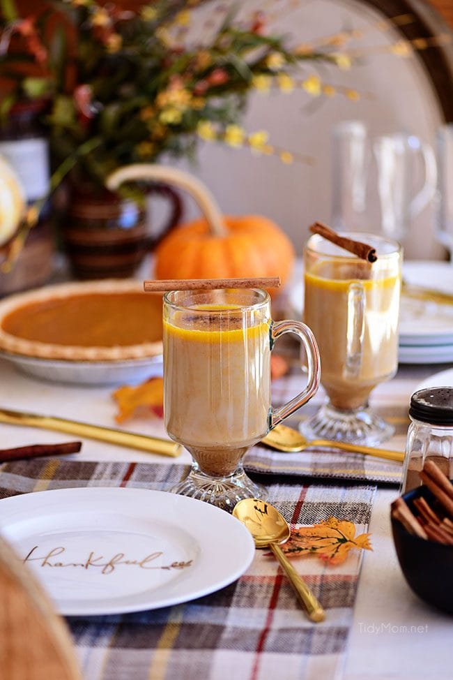 Pumpkin Spice Hot Buttered Rum on Thanksgiving table.