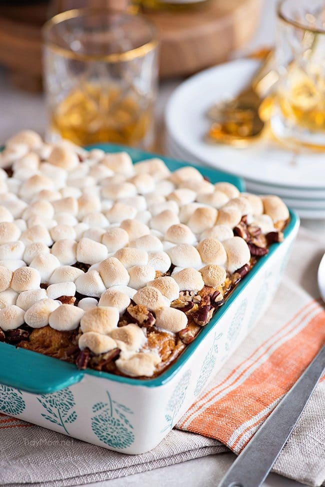 Sweet Potato Bread Pudding with marshmallow topping in baking dish