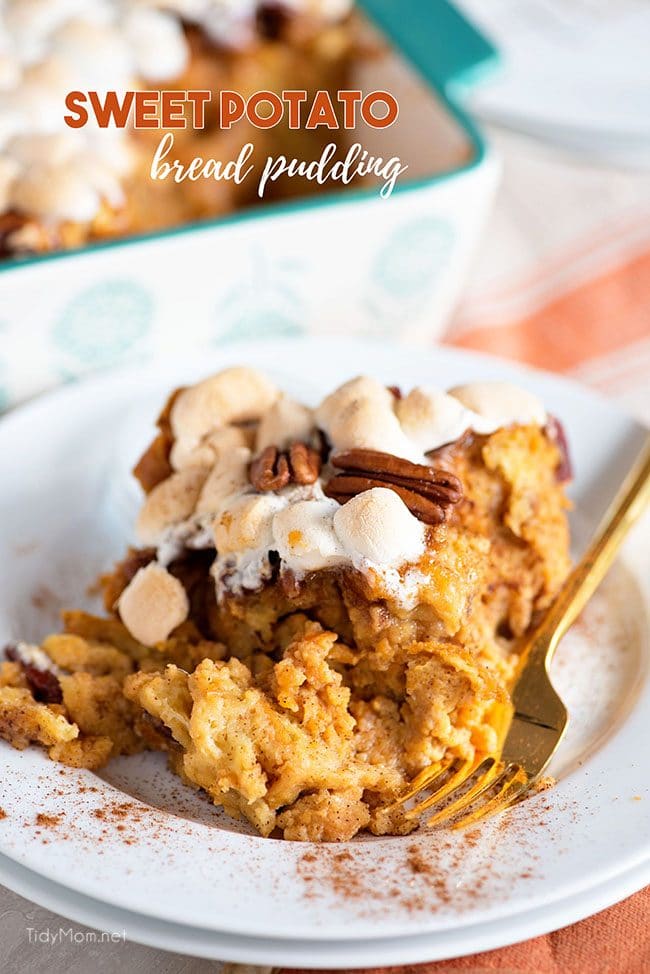 Sweet Potato Bread Pudding on plate with fork