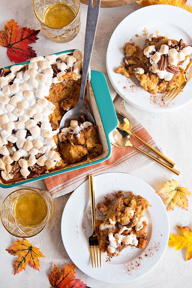 Sweet Potato Bread Pudding flay lay with dish and two plates