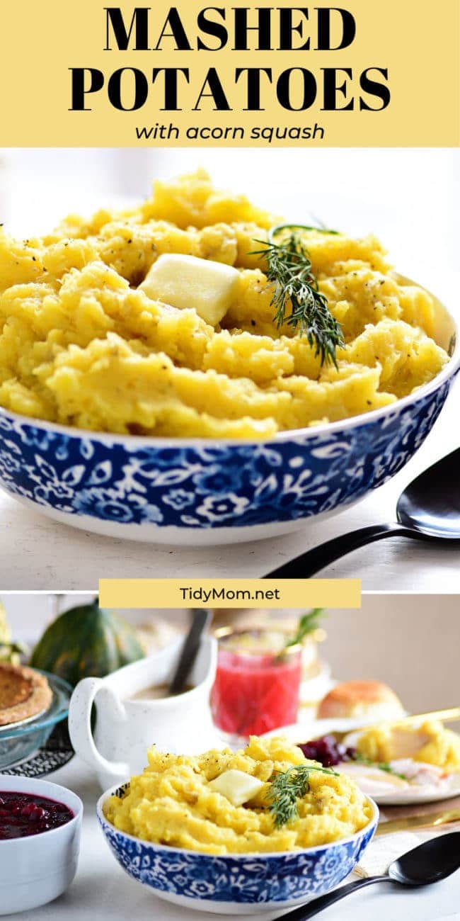 mashed potatoes in a blue bowl on a holiday table