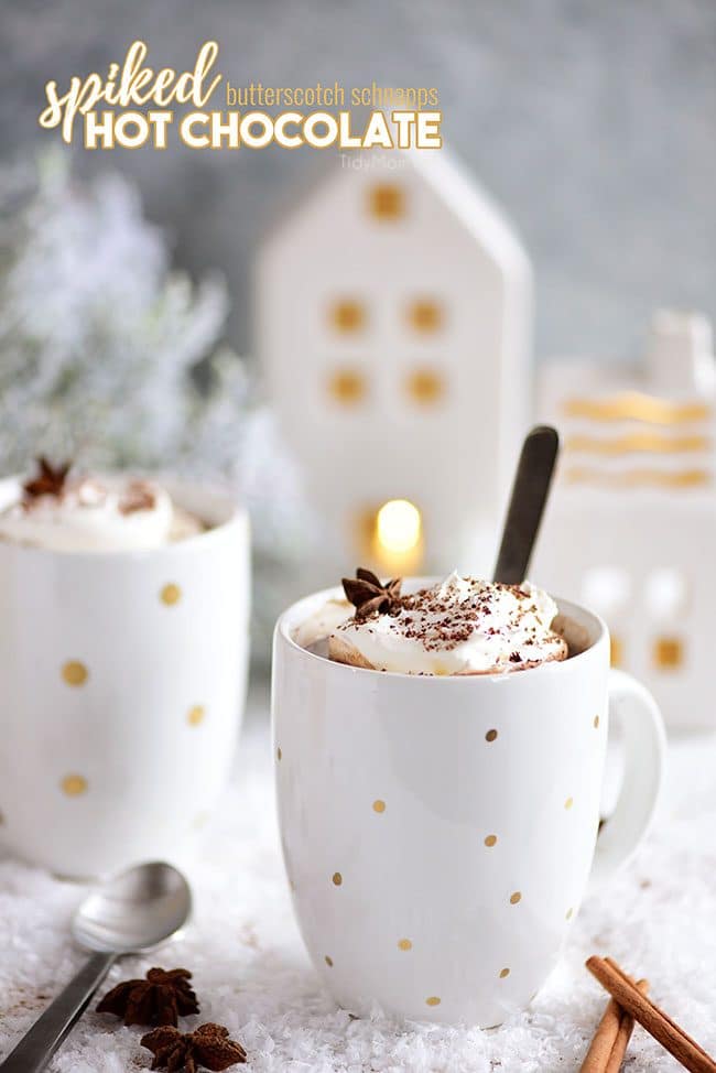 a warm mug of Butterscotch Schnapps Spiked Hot Chocolate