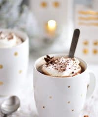 Butterscotch Schnapps Spiked Hot Chocolate in mugs with spoon