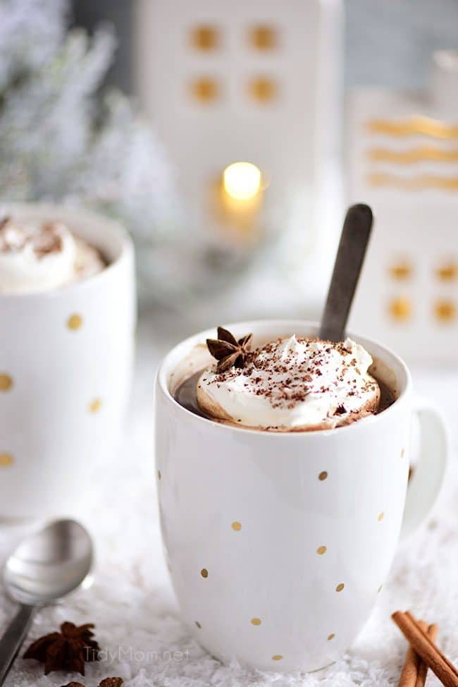 Butterscotch Schnapps Spiked Hot Chocolate in mugs with spoon