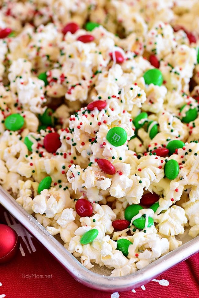 Santa Munch Christmas Popcorn on a pan