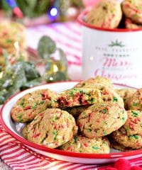 Soft-Baked Christmas Sprinkle Cookies on Christmas plate