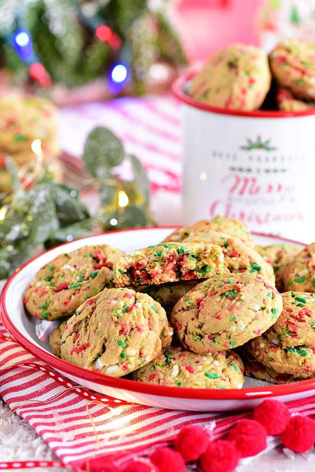 Soft-Baked Christmas Sprinkle Cookies on Christmas plate