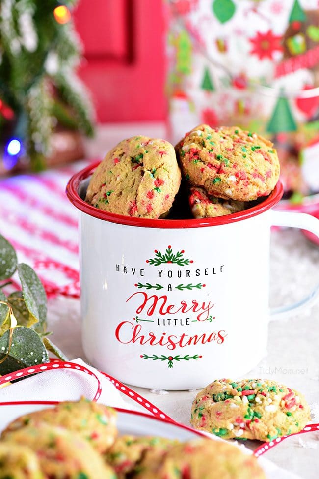 Soft-Baked Christmas Sprinkle Cookies in Christmas mug