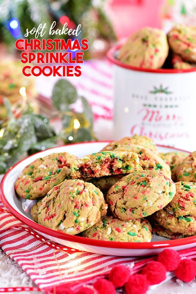 Soft-Baked Christmas Sprinkle Cookies on plate and in a mug