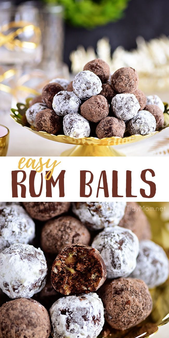 easy Rum Balls piled on tray photo collage