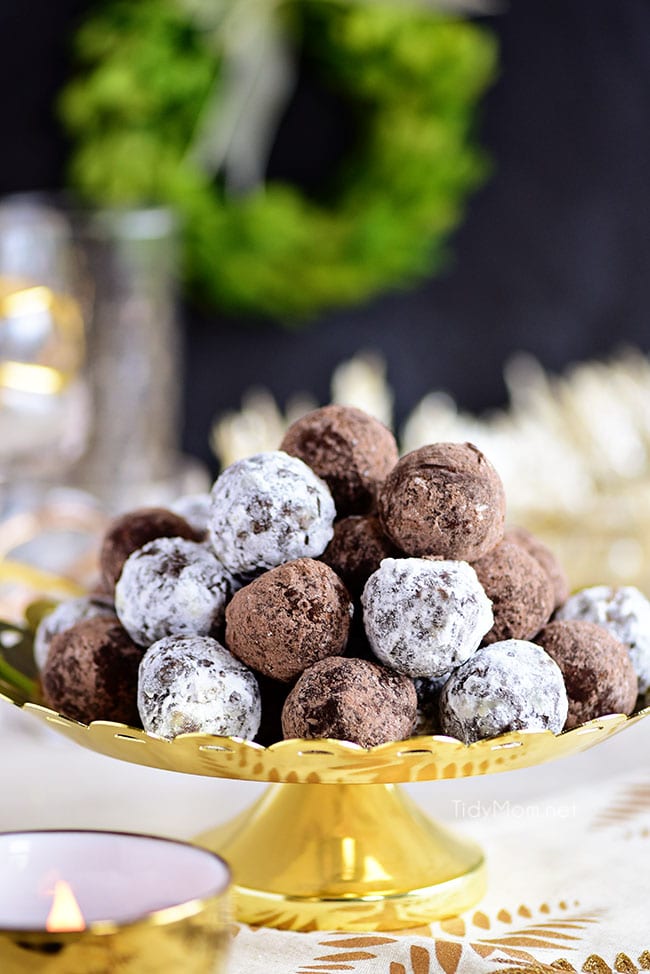 easy Rum Balls on gold tray