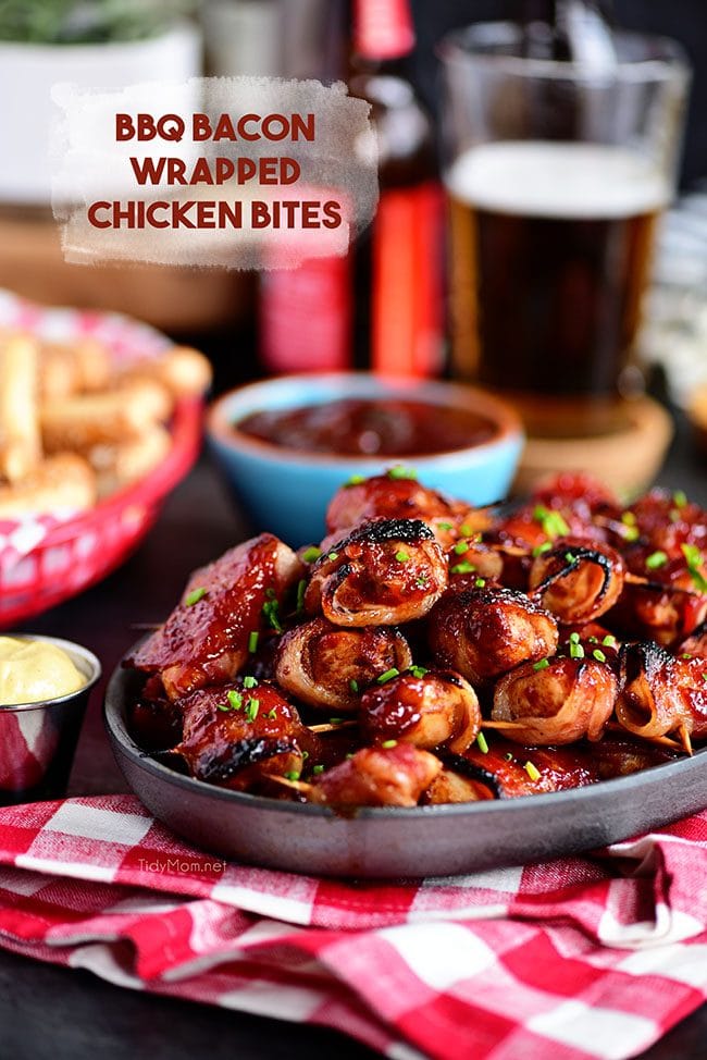 BBQ Bacon Wrapped Chicken Bites on platter