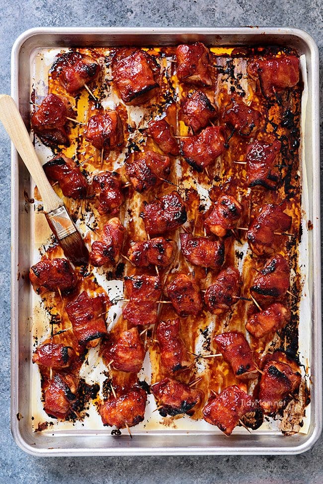 BBQ Bacon Wrapped Chicken Bites on sheet pan right out of the oven