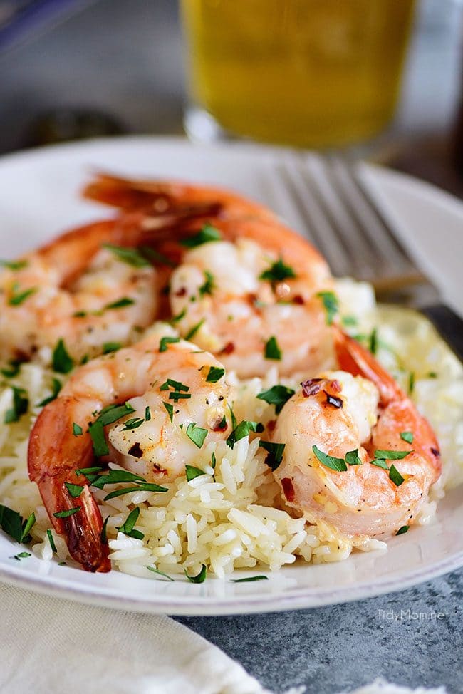 Garlic Roasted Shrimp on plate with rice