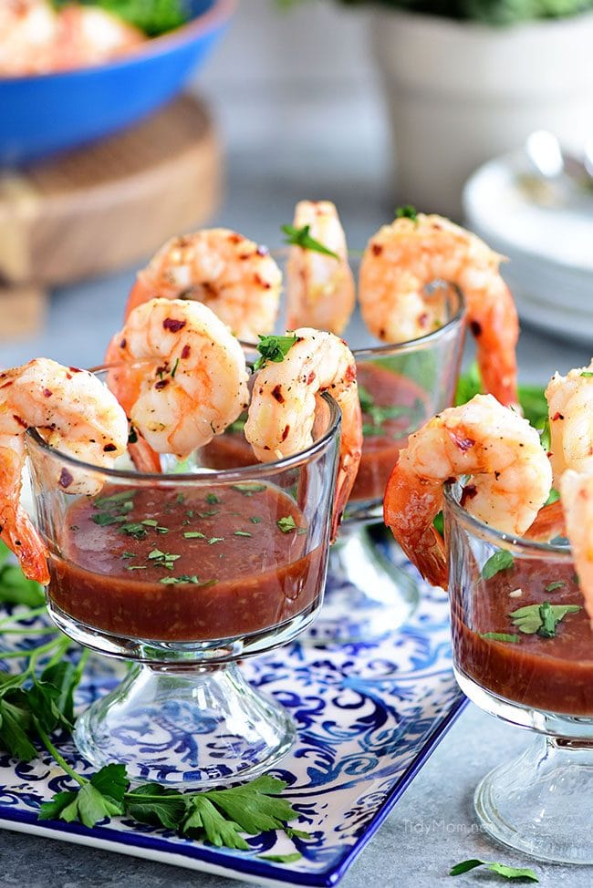 Garlic Roasted Shrimp cocktail in appetizer cups