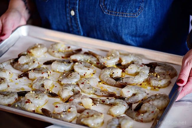 raw Garlic Roasted Shrimp on pan