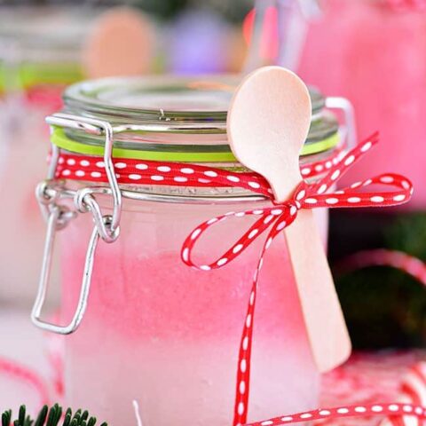 Handmade 3 ingredient Peppermint Sugar Scrub in a jar with spoon