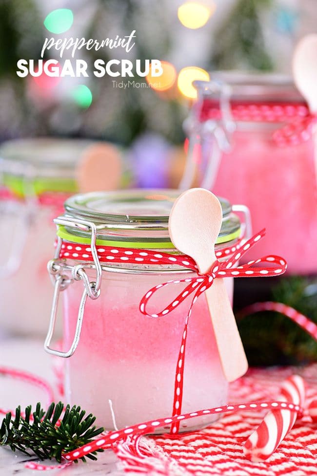 3 ingredient Peppermint Sugar Scrub in a jar with spoon