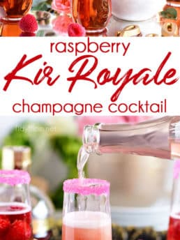Raspberry Kir Royale cocktail photo collage