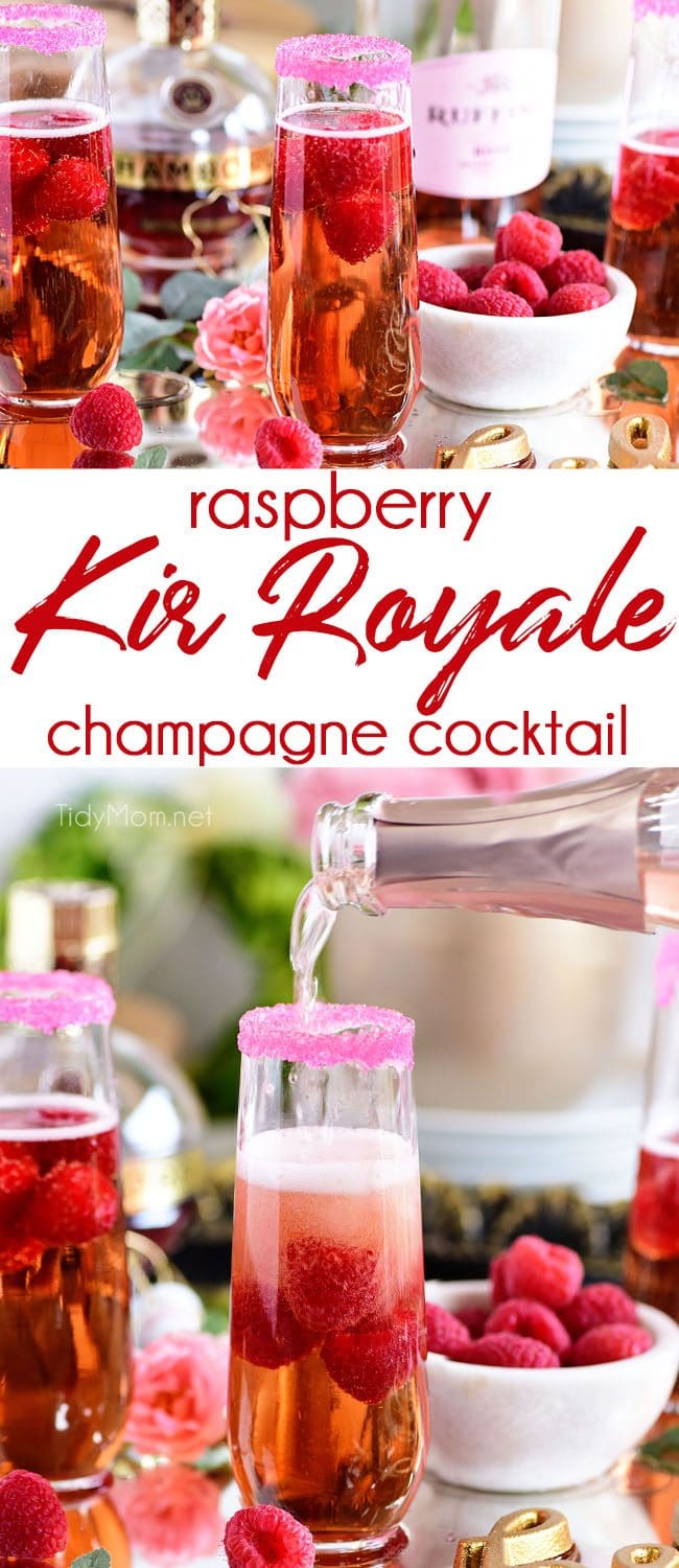 Raspberry Kir Royale cocktail photo collage