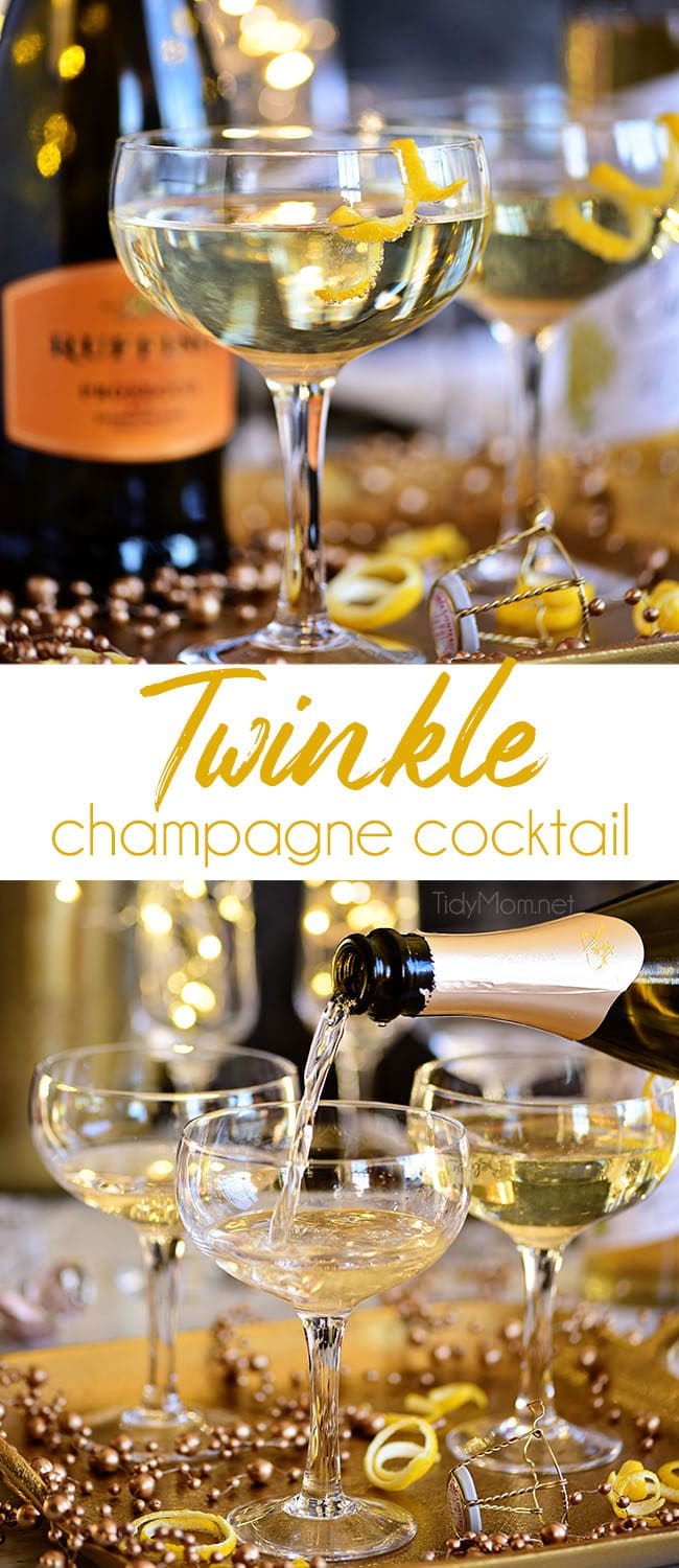 A Twinkle champagne cocktail is a great way to add a little sparkle to your celebrations. With its champagne top and glitzy name, this light, delicately flavored Downton Abbey-inspired drink is ideal for a New Year's Eve or Valentine's Day. Print the recipe at TidyMom.net #cocktails #champagne #newyearseve #valentinesday Twinkle champagne cocktail photo collage