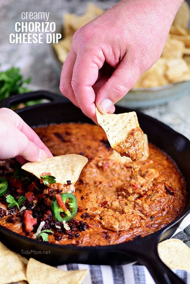 Chorizo Cheese Dip in cast iron skillet