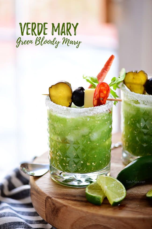 Verde Mary or Green Bloody Mary with lots of garnishes