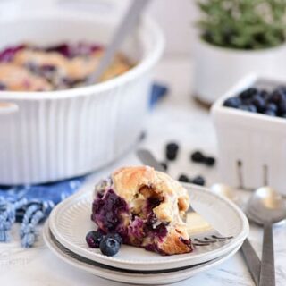 Blueberry Breakfast Casserole dish and serving on a plate