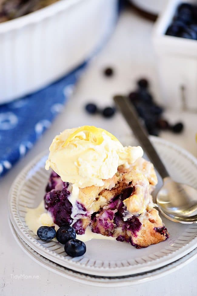 Blueberry Breakfast Casserole with ice cream on top