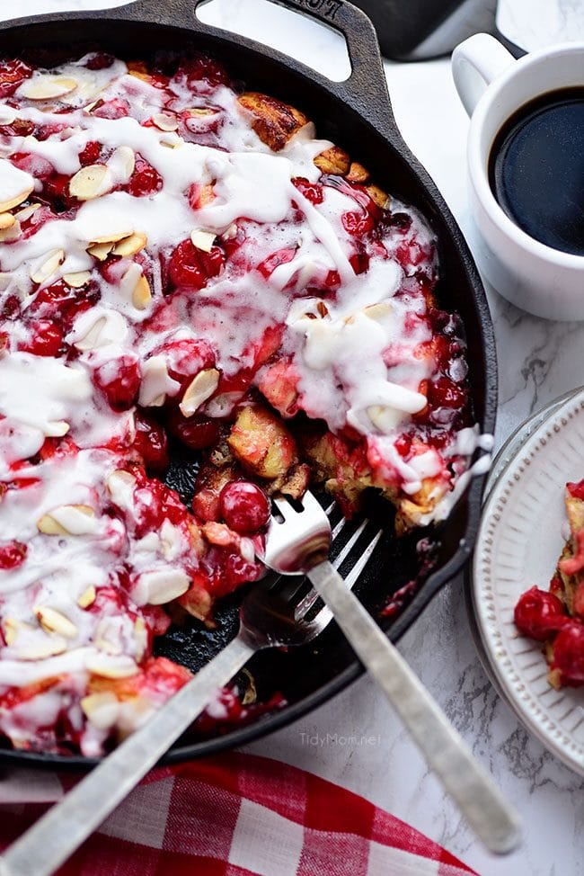 two forks in skillet with Cherry Coffee Cake 