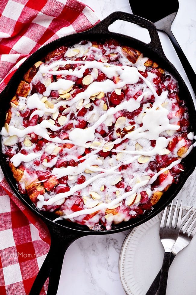 Cherry Coffee Cake in cast iron skillet