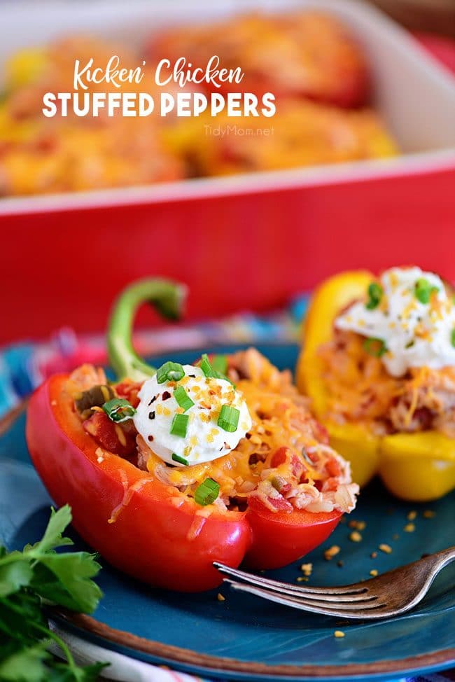 Red and yellow Chicken Stuffed Peppers