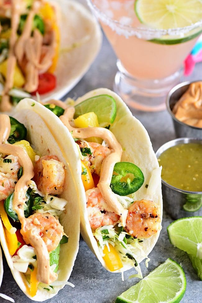 Baja Shrimp Tacos with lime slaw