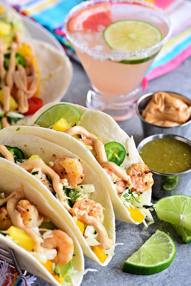 Baja Shrimp Tacos and a paloma cocktail