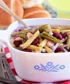 Classic bean salad in a vintage Corningware dish