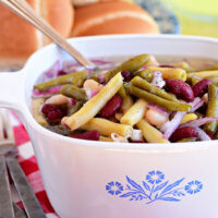 Classic bean salad in a vintage Corningware dish