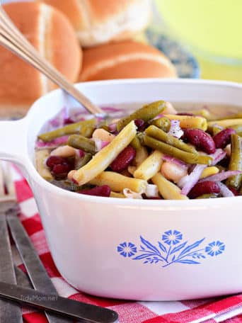 Classic bean salad in a vintage Corningware dish