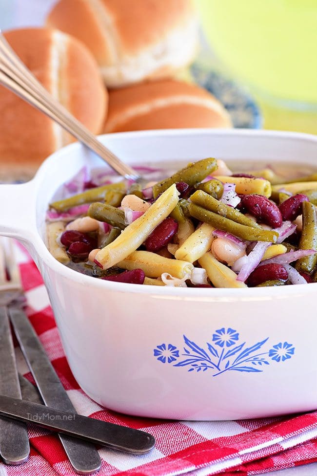 Classic bean salad in a vintage Corningware dish