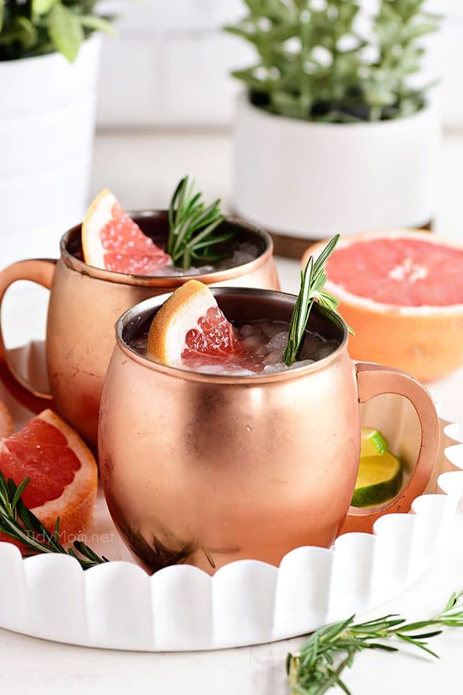 Fresh Grapefruit Moscow Mule cocktails in copper mugs