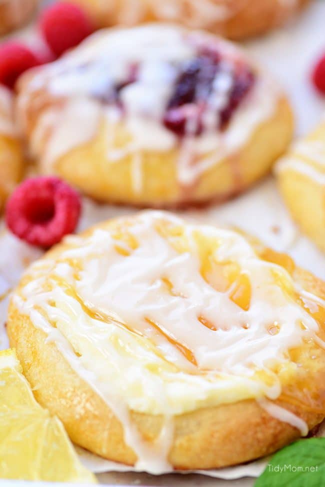 Homemade Cream Cheese Danish recipe with lemon and raspberry close up