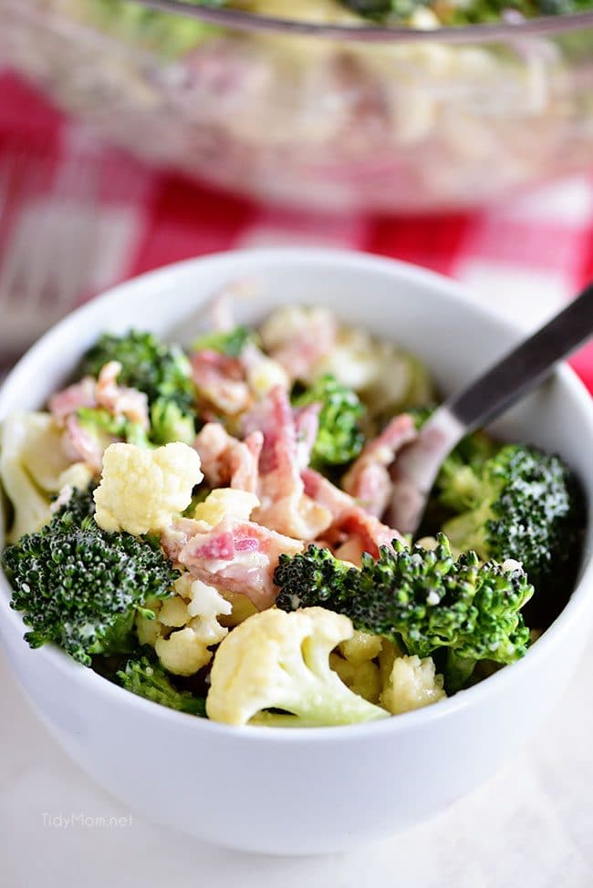 Broccoli Cauliflower Salad in white bowl