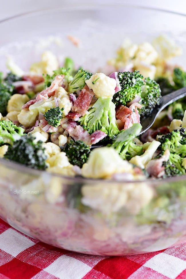 Broccoli Cauliflower Salad in large glass serving bowl