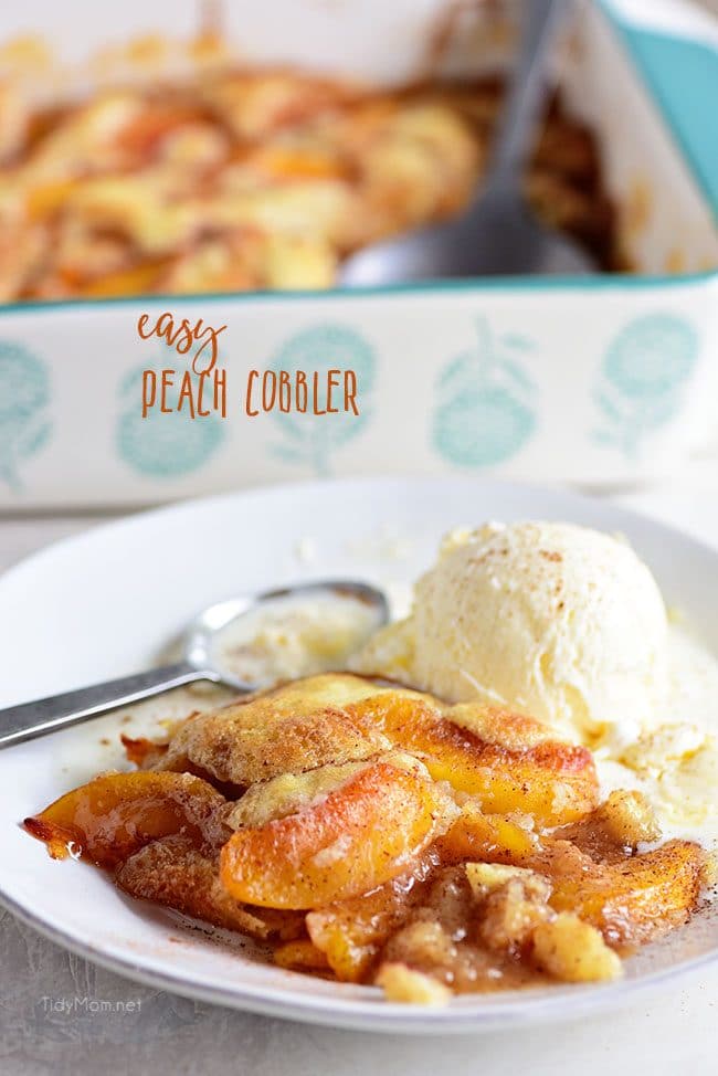 peach cobbler a la mode dished up on a plate